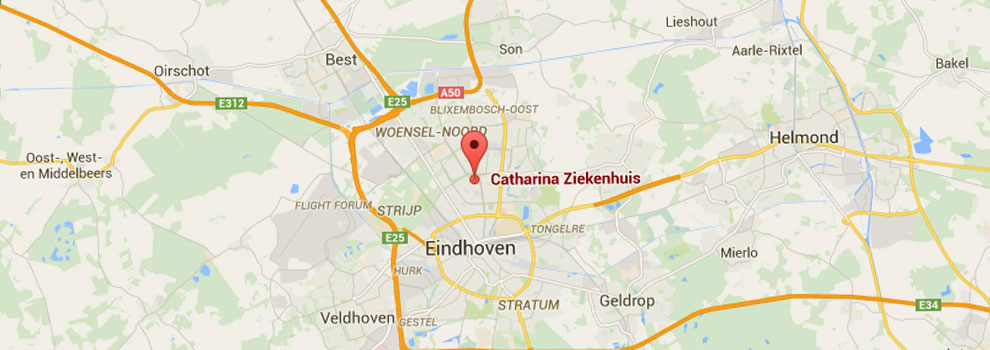 Kaart van Eindhoven met daarop de locatie van Catharina Ziekenhuis gemarkeerd. Klik hierop om een routeplanner te openen.